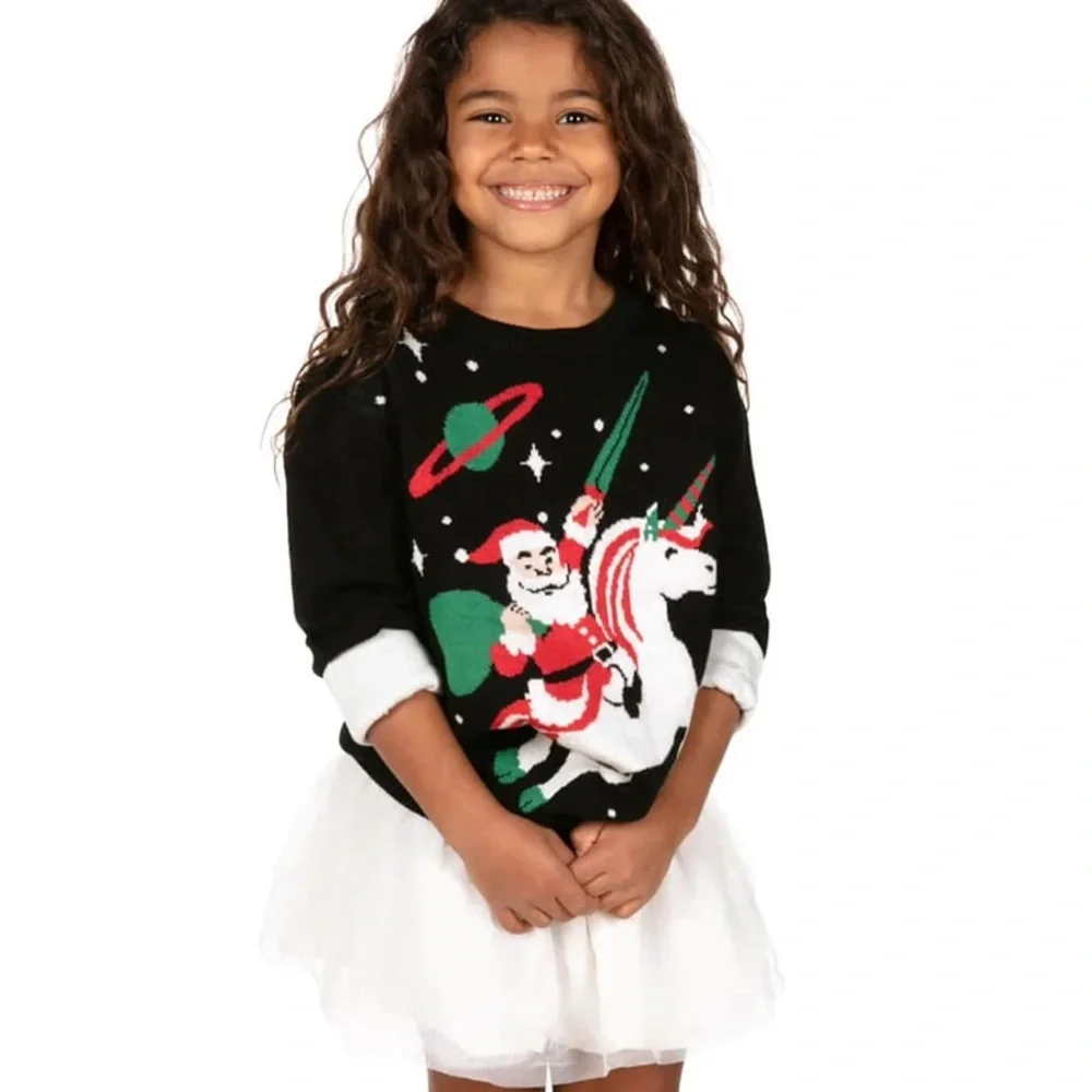 NWOT Tipsy Elves Black Space Santa Unicorn Kids Sweater
